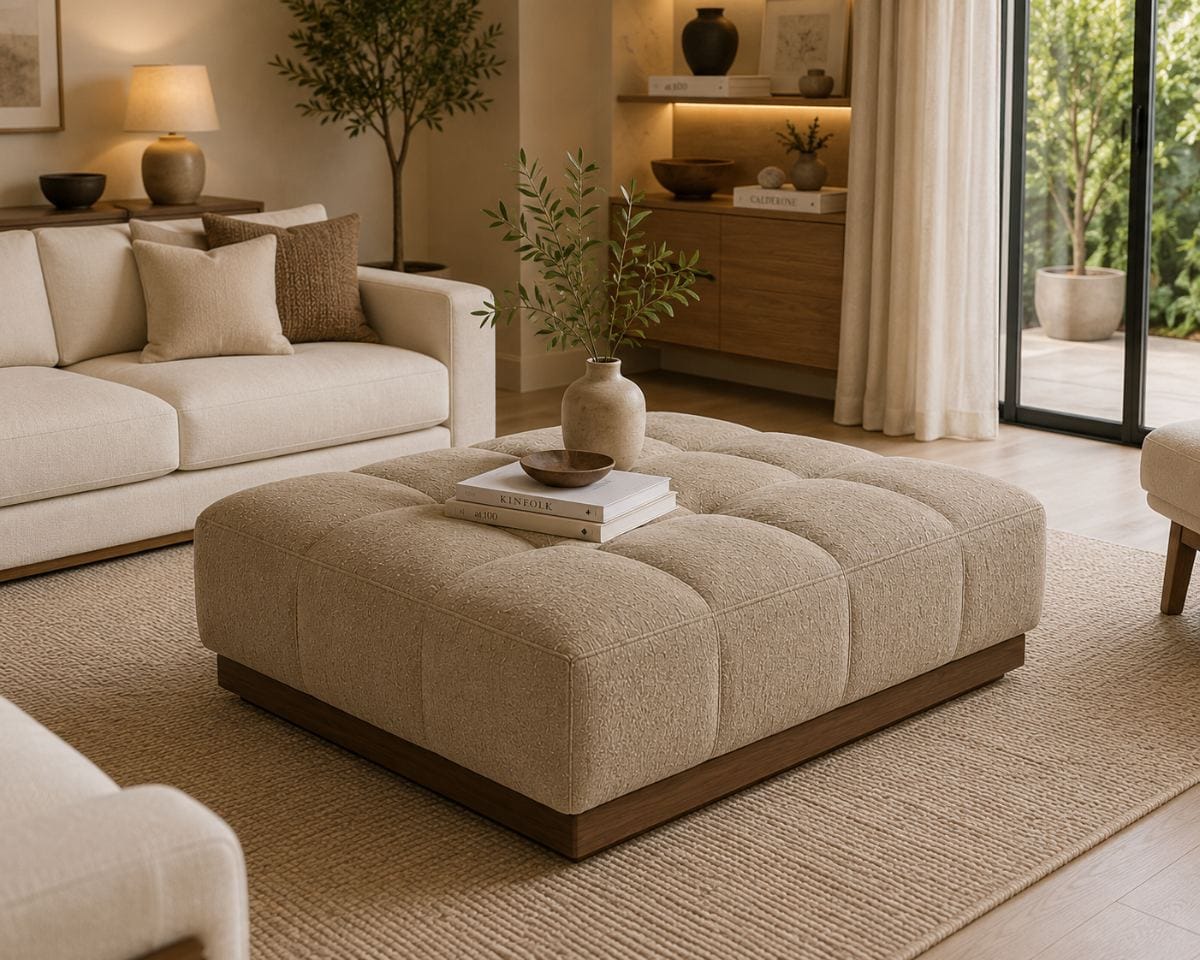 Otomana Siena tapizada en Bouclé Premium color Taupe Arena con base de madera natural | NOVA LIVING