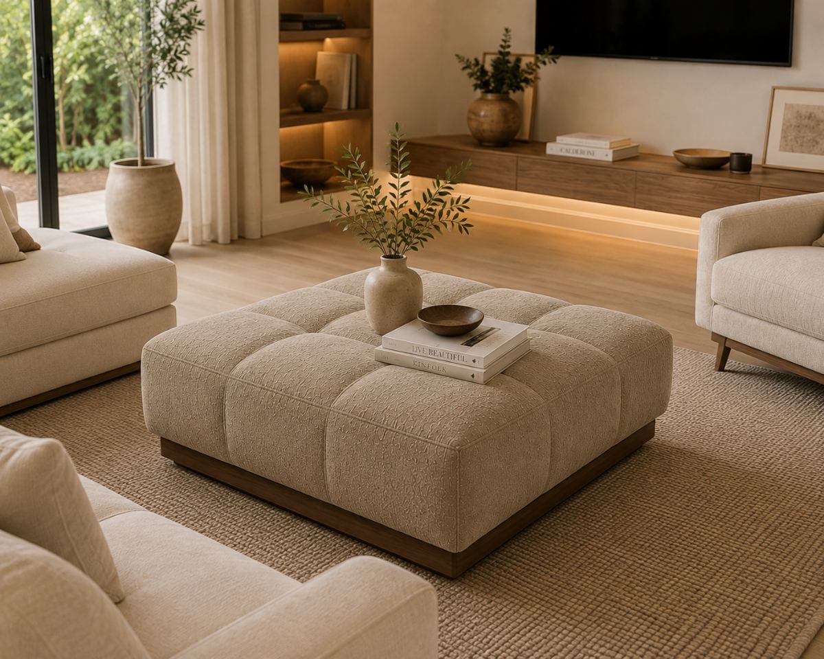 Otomana Siena tapizada en Bouclé Premium color Taupe Arena con base de madera natural | NOVA LIVING