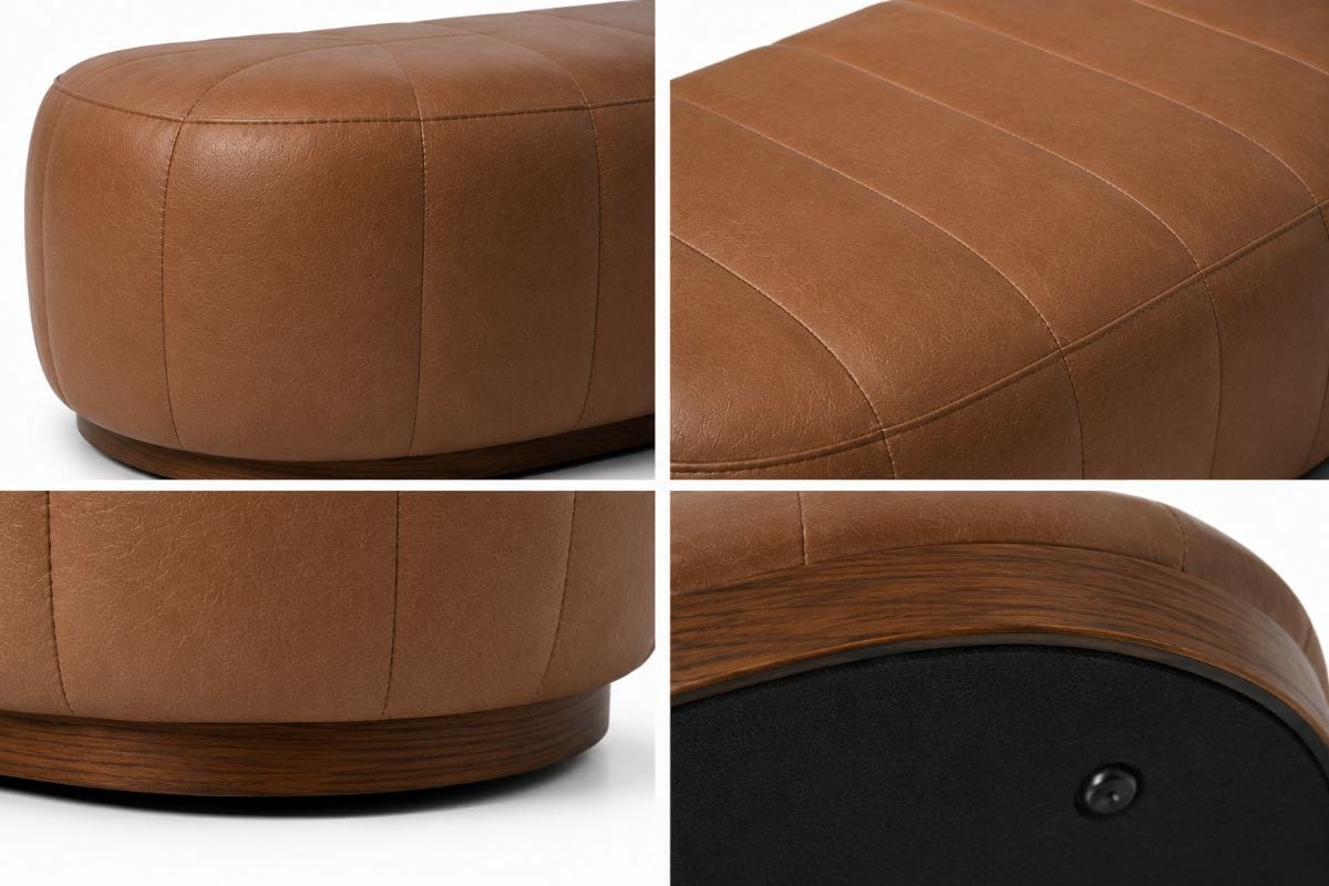 Otomana Verona tapizada en cuero 100% natural color Cognac con base de madera natural de NOVA LIVING.