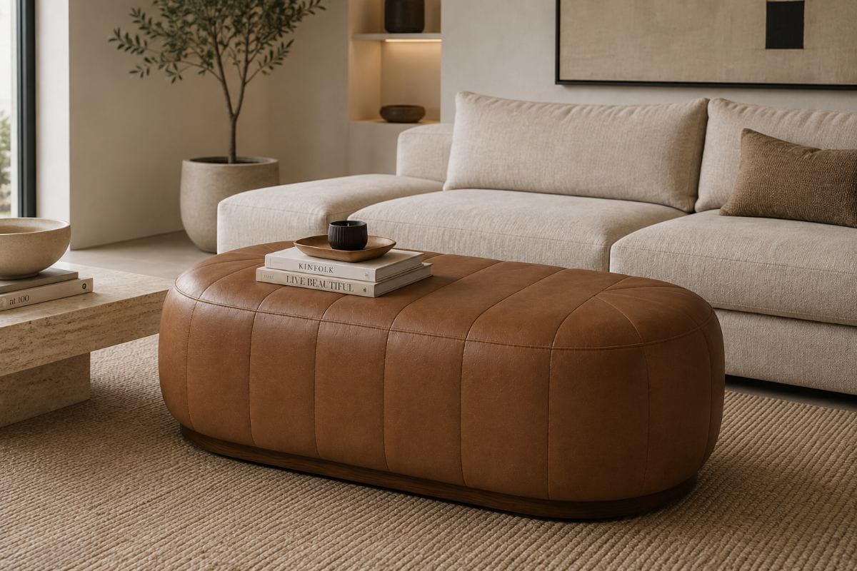 Otomana Verona tapizada en cuero 100% natural color Cognac con base de madera natural de NOVA LIVING.