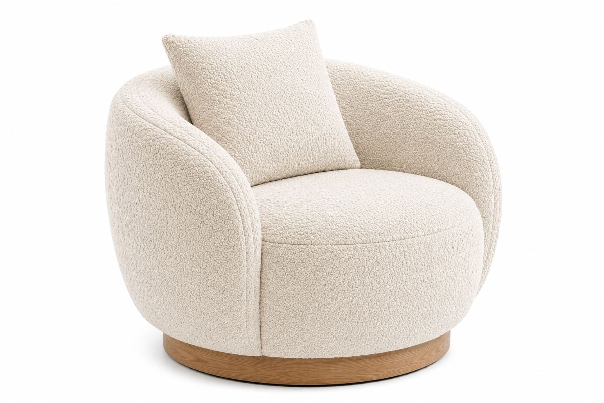 Poltrona ÉLORA tapizada en Bouclé Premium color Marfil Cálido con base de madera natural | NOVA LIVING