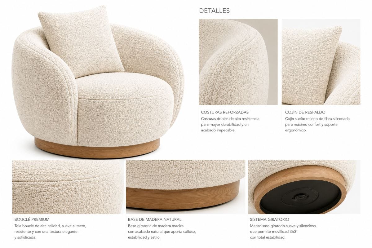 Poltrona ÉLORA tapizada en Bouclé Premium color Marfil Cálido con base de madera natural | NOVA LIVING
