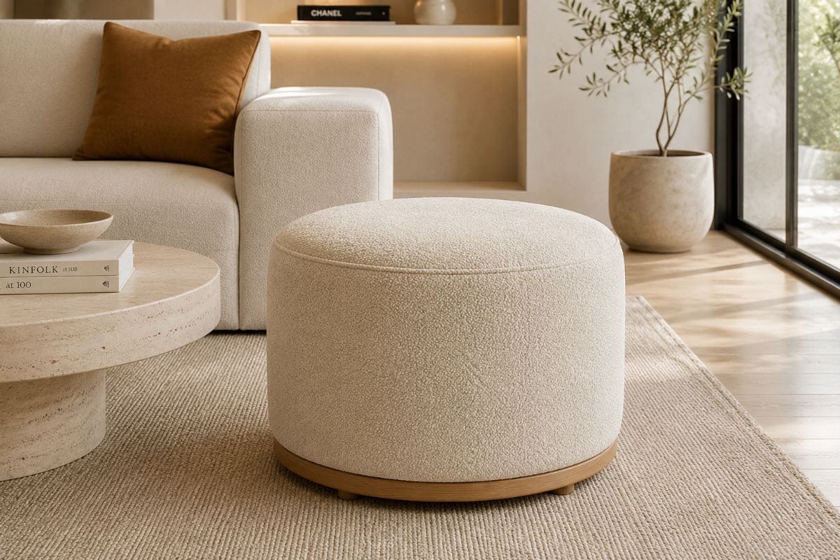 Puff Luna redondo tapizado en Bouclé Premium con base de madera natural | NOVA LIVING