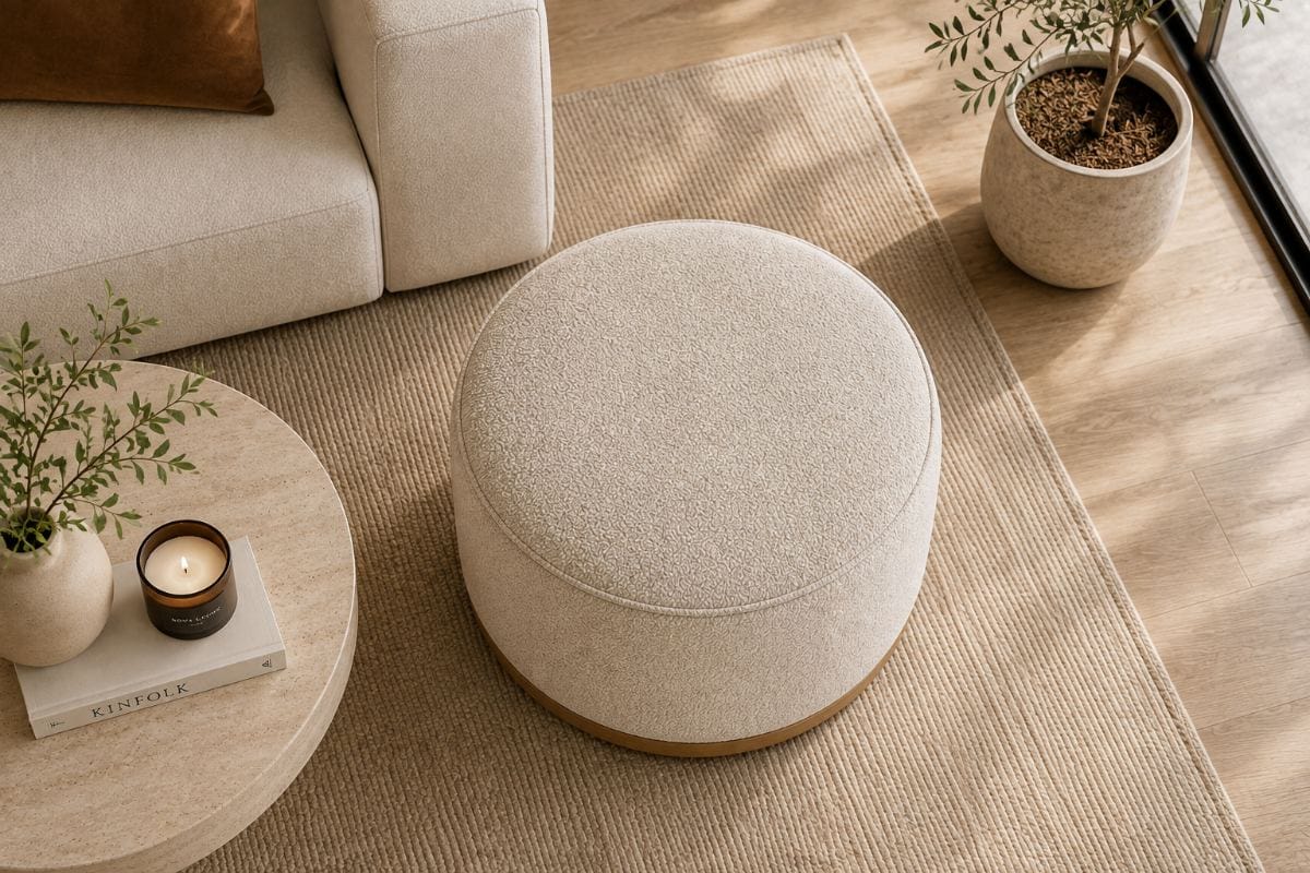 Puff Luna redondo tapizado en Bouclé Premium con base de madera natural | NOVA LIVING
