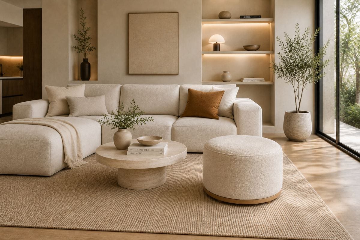 Puff Luna redondo tapizado en Bouclé Premium con base de madera natural | NOVA LIVING