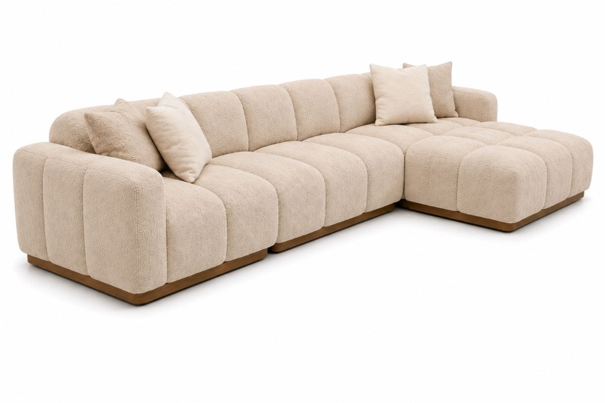 Seccional Firenze Modular tapizado en Bouclé Premium color Beige Arena con base de madera natural | NOVA LIVING