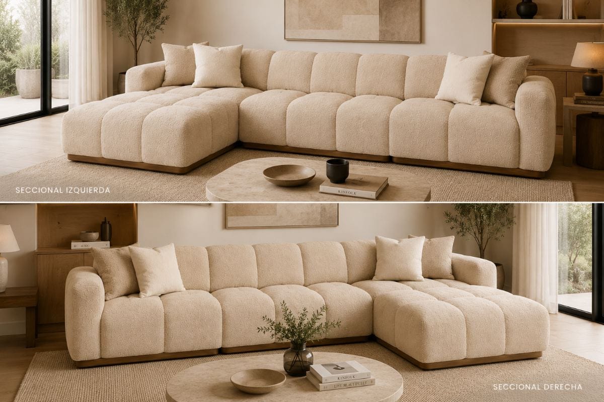 Seccional Firenze Modular tapizado en Bouclé Premium color Beige Arena con base de madera natural | NOVA LIVING
