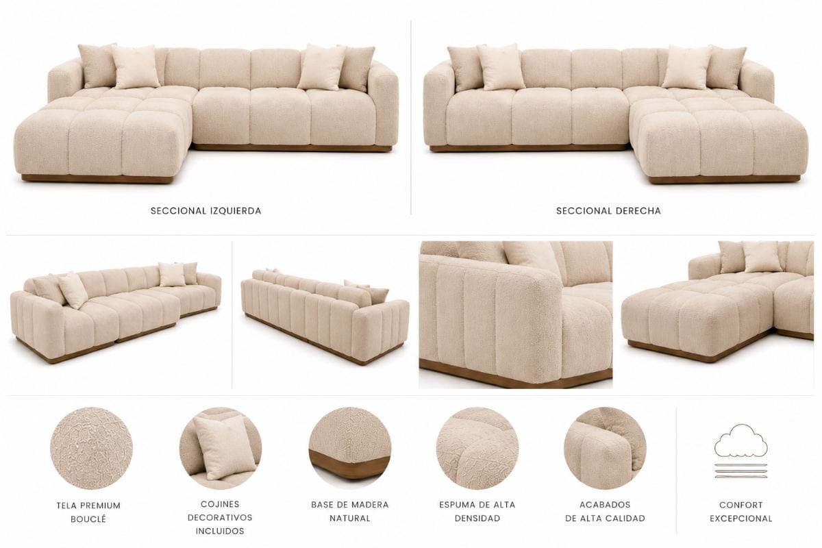Seccional Firenze Modular tapizado en Bouclé Premium color Beige Arena con base de madera natural | NOVA LIVING