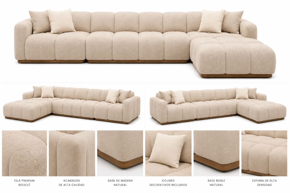 Seccional Firenze Modular tapizado en Bouclé Premium color Beige Arena con base de madera natural | NOVA LIVING
