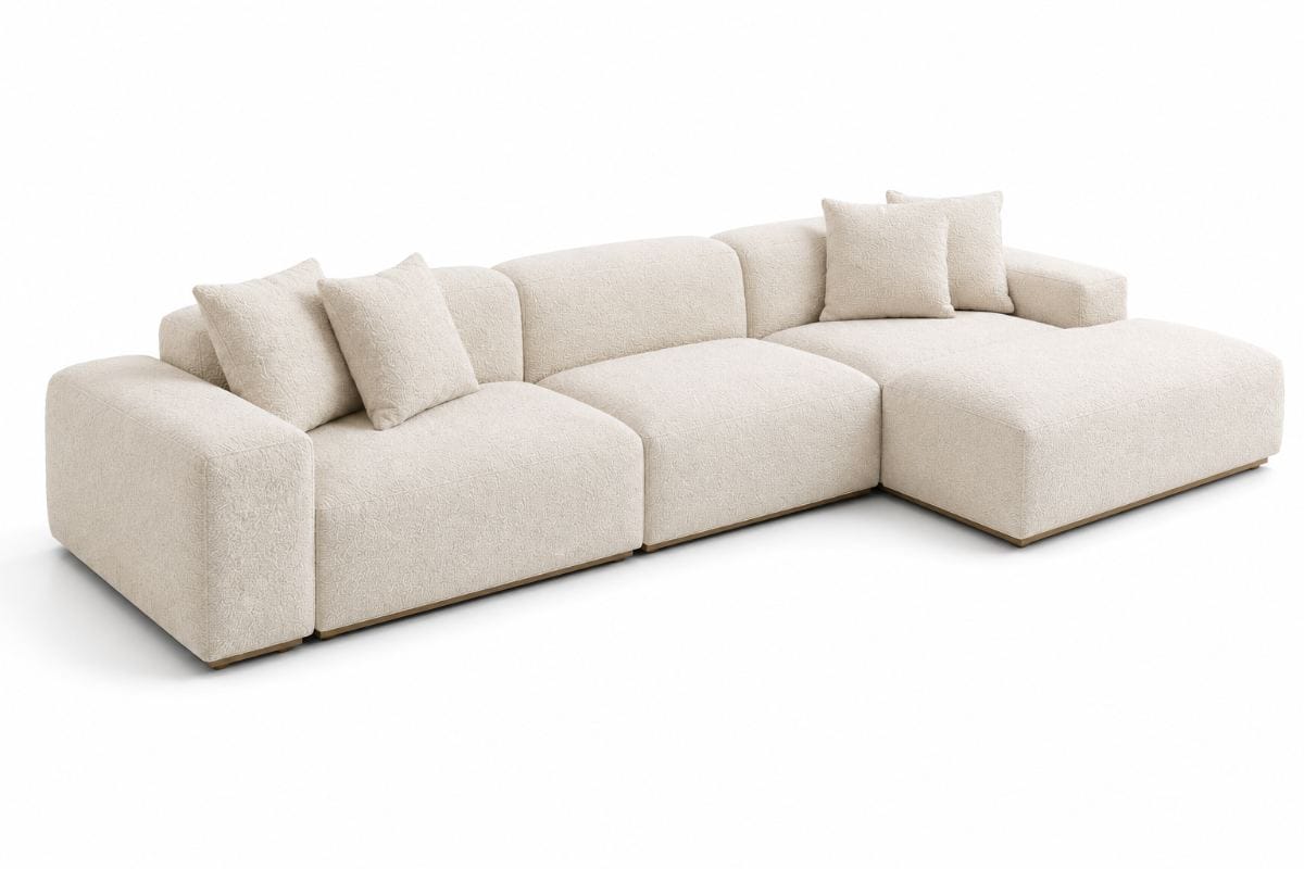 Seccional Luna de cuatro cuerpos tapizado en Bouclé Premium color Blanco Marfil con base de madera natural | NOVA LIVING